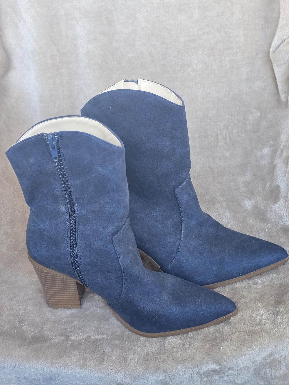 So Me Navy Suede Pointed-Toe Block Heel Ankle Boots